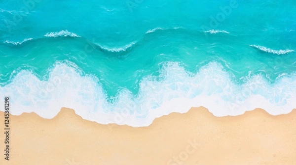Fototapeta Aerial view of turquoise waves gently crashing onto sandy beach, creating serene coastal scene