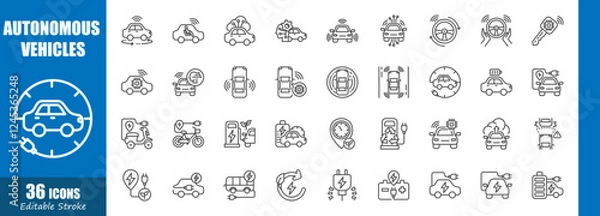Fototapeta Autonomous vehicles and electric vehicle . Technology outline icon collection . Editable stroke . Vector .