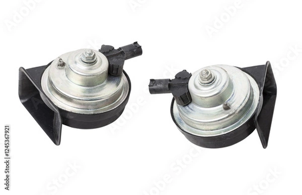 Fototapeta Pair of electric black plastic horns in retro style - car horn on white isolated background in photo studio. Spare part for sale or repair in a workshop, or tuning a buzzer sound in car service.