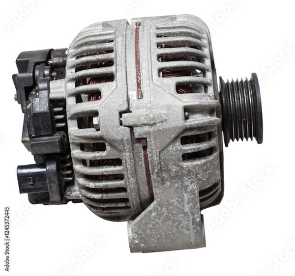 Fototapeta Car generator, car electrical network element on white background, generator details close-up. Spare auto parts for repair.