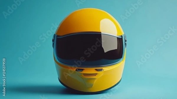 Fototapeta realistic yellow protective helmet with smooth edges, set against a pastel blue background