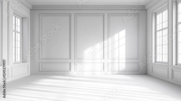 Fototapeta modern home, clean minimalist interior with empty frames on the wall, mockup, white interior background