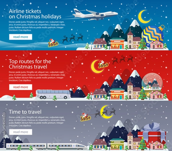 Fototapeta Merry Christmas banners in flat style. Traveling by plane, bus and train. A small town in mountains. The winter vacation. Mountains, buildings, trees and snow. Christmas travel vector illustration