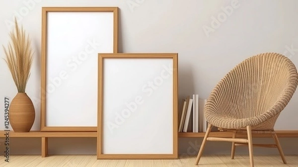 Fototapeta Modern Minimalist Interior with Blank Frames and Rattan Chair