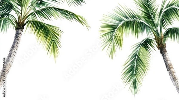 Fototapeta Tropical palm trees, sunny sky background, vacation postcard