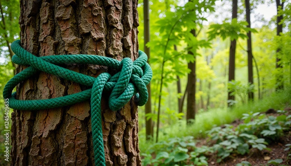 Fototapeta Green rope tied around tree trunk in lush forest