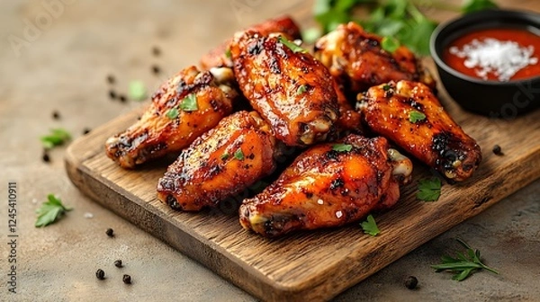 Fototapeta Fresh chicken wings neatly arranged on a wooden cutting board, seasoned with salt and black pepper, ready for cooking, set against a warm beige background with space for text.