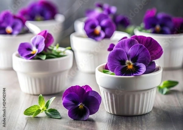 Fototapeta Edible Flowers Photography: Purple Flowers in White Pots, Stunning Food Styling, Gourmet Dish Decoration, Culinary Photography