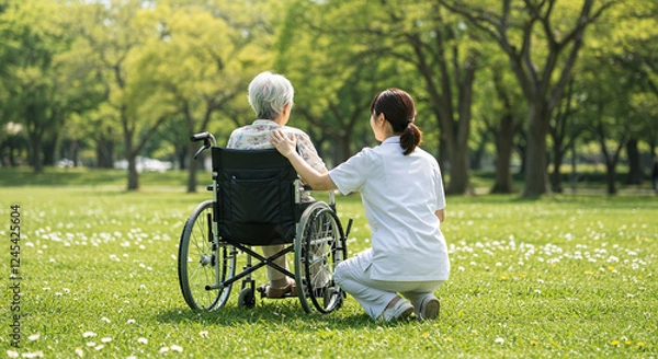 Obraz 介護イメージ・シニア女性と介護士の後ろ姿