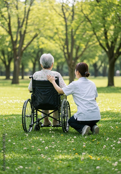 Obraz 介護イメージ・シニア女性と介護士の後ろ姿