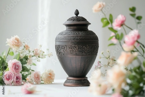 Fototapeta Ornate bronze urn among delicate pink and white flowers in soft light