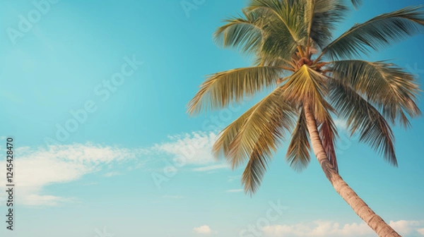 Fototapeta Coconut palm tree under blue sky . Vintage style. Tropical background