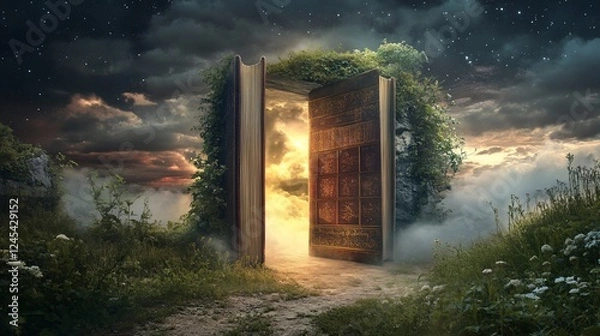 Fototapeta A Mysterious Book Portal Opens to Another World With Dramatic Skies and Fog