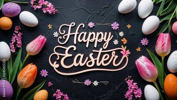 Fototapeta happy easter card with eggs and tulips