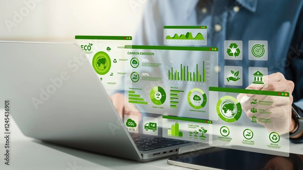 Fototapeta Green business corporate responsibility sustainable environment development goal. World environment day. Businessman use computer analyze ESG Co2 Carbon footprint Emission report graph to net zero