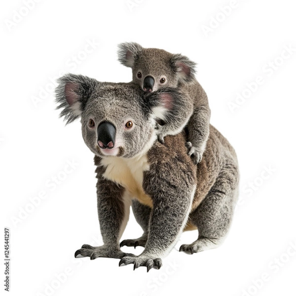 Fototapeta An Australian marsupial koala with a baby koala joey riding on its back, on a transparent png background