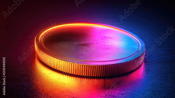 Obraz Gold coin with vibrant neon lighting reflecting on a dark surface.