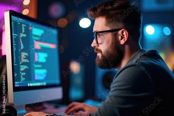 Fototapeta Focused Male Programmer Working Late on an Innovative Software Project in a Dynamic, Colorful Coding Environment with Modern Technology