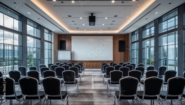 Fototapeta A contemporary empty room with a sleek design features a minimalist desk and chairs, ideal for a modern office or meeting hall