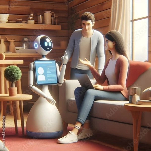 Fototapeta A virtual assistant in the form of an avatar, interacting with its owner in a cozy home environment, offering help with daily tasks