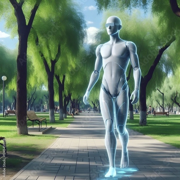 Obraz A humanoid avatar walking alongside its user in a park, seamlessly blending into the real world through augmented reality