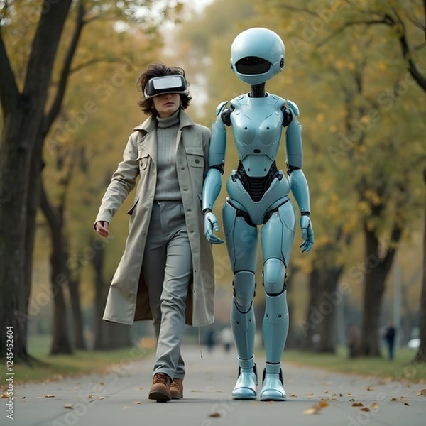 Obraz A humanoid avatar walking alongside its user in a park, seamlessly blending into the real world through augmented reality