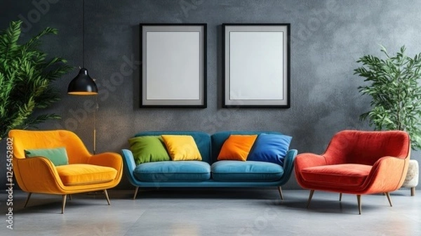 Fototapeta Vibrant living room with colorful multicolored sofa and armchairs against a grey wall with two frames
