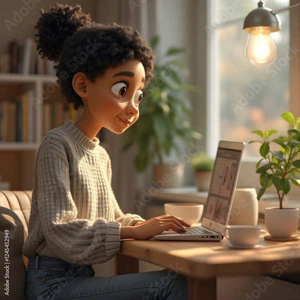 Obraz A virtual assistant in the form of an avatar, interacting with its owner in a cozy home environment, offering help with daily tasks