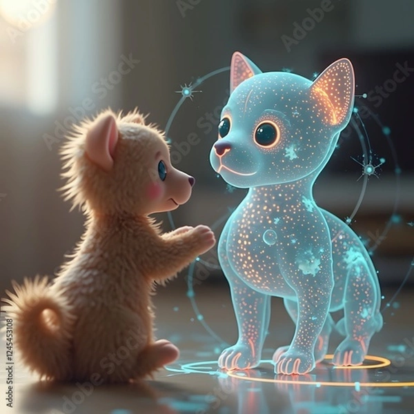 Fototapeta A digital pet that exists entirely in augmented reality, interacting with its owner in the real world by responding to gestures