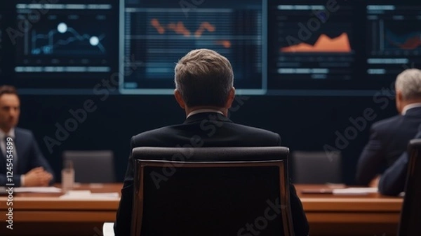 Fototapeta Enhancing Decision-Making Through AI and Automation Business meeting with a focus on data analytics displayed on screens in a modern conference room.