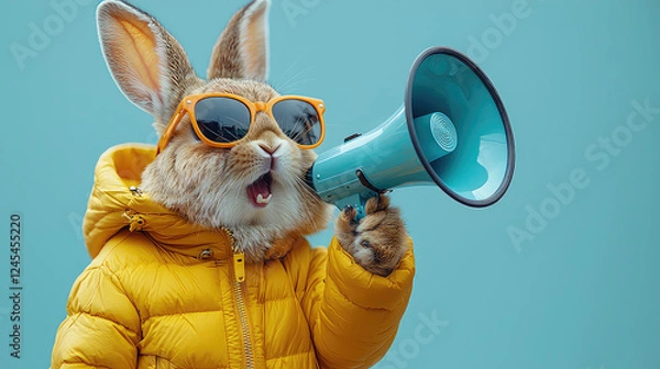 Obraz A cute rabbit wearing sunglasses and a yellow puffer jacket holds a megaphone and shouts.