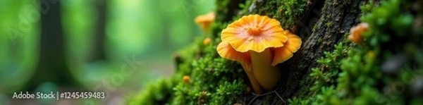 Fototapeta Fungal growth on mossy tree trunk in a forest, fungi, tree, growth