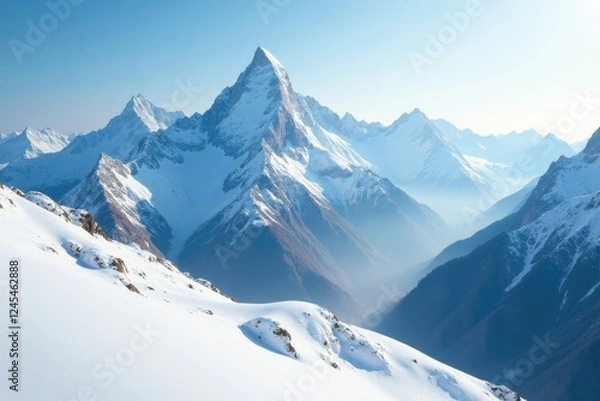 Fototapeta A snow-covered mountain range stretches towards the sky, its peaks and slopes shrouded in mist, snow covered mountains, snowy slopes