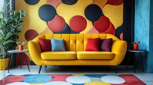 Fototapeta Yellow loveseat sofa and side tables against colorful circle patterned wall
