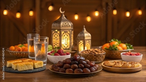 Fototapeta  A beautifully arranged iftar meal with dates, water, and traditional Ramadan foods, set on a wooden table with warm golden light