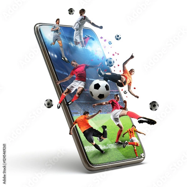 Obraz Immersive Mobile Soccer Experience, Soccer breaking the  mobile phone screen 