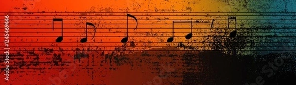 Fototapeta Musical notes on grunge texture, sunset background, website banner