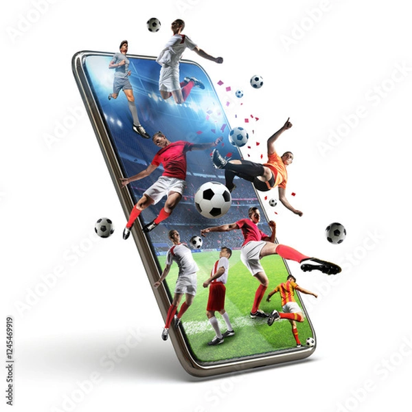 Obraz Immersive Mobile Soccer Experience, Soccer breaking the mobile phone screen