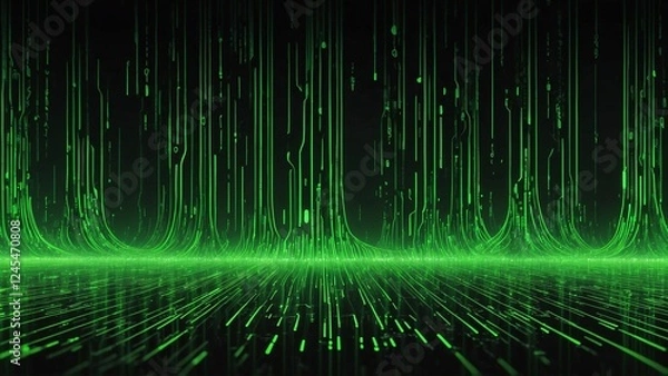 Fototapeta Futuristic digital binary code background, flowing neon green binary streams, high-tech, dynamic design