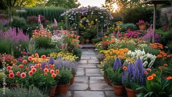 Fototapeta Spring flowers blooming in a colorful park garden with vibrant trees and lush green grass