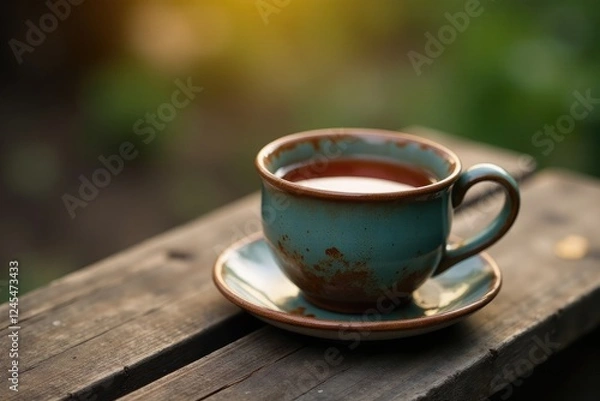 Fototapeta Tea in a rustic ceramic mug on a wooden bench, warm, ceramic, tea