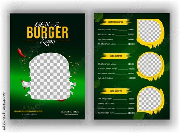 Obraz Fast food restaurant menu or Burger menu design, restaurant food menu template, restaurant cafe menu design with A4 size menu editable file.