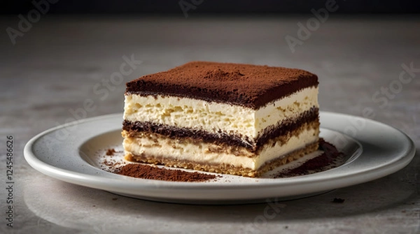 Fototapeta Tiramisu cake on white plate with cocoa powder. Perfect for food blogs, restaurant menus, dessert recipes, and promotional materials