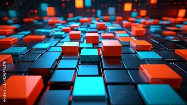 Fototapeta Abstract Cubes Digital Surface with Tech Theme and Elegant Shine in a Futuristic Grid Pattern.