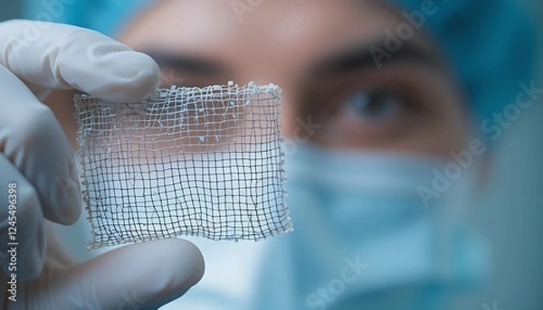 Fototapeta Close-up view of a scientist in surgical gloves holding a piece of biocompatible mesh for medical applications, innovative biomedical technology.