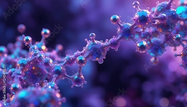 Obraz Microscopic view of a complex molecule structure, 3D rendering, vibrant purple and blue hues, detailed atomic bonds, scientific illustration, abstract background.