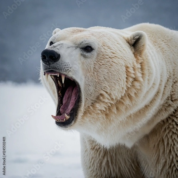 Obraz "A polar bear roaring with its mouth wide open, showing sharp teeth and a powerful expression. The background is completely white for contrast."