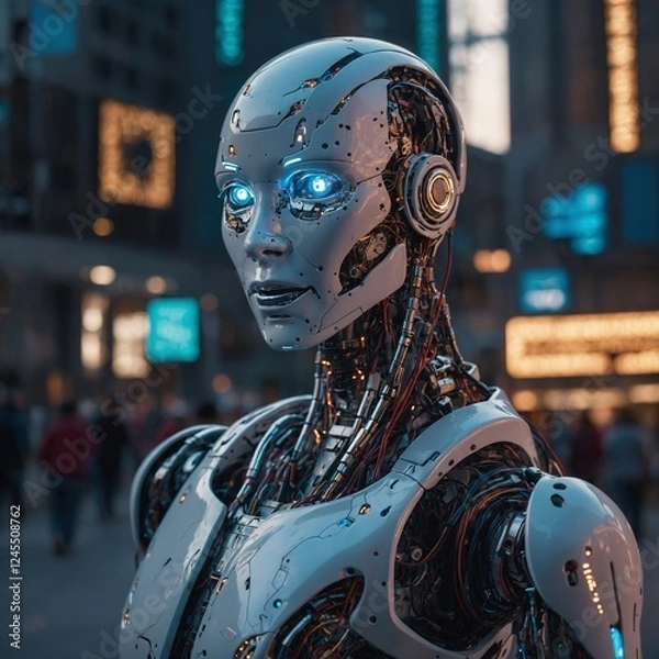 Fototapeta Leonardo_Kino_XL_A_futuristic_humanoid_AI_robot_with_glowing_c_0 