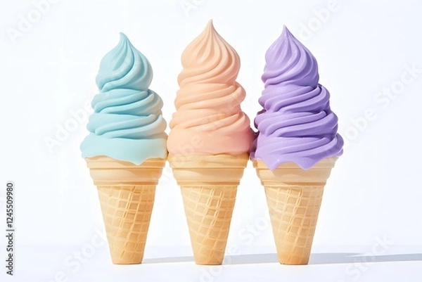 Fototapeta three ice cream cones stacked with vibrant pastel scoops of different flavors, placed on plain white background, creating minimalist and colorful dessert scene perfect for fun and refreshing treat.