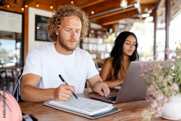 Fototapeta Bright Urban Workspace Young Couple Planning on Laptop with Maps and Notebook - Trendy Digital Nomad and Budget Travel Strategy for Modern Lifestyle Enthusiasts